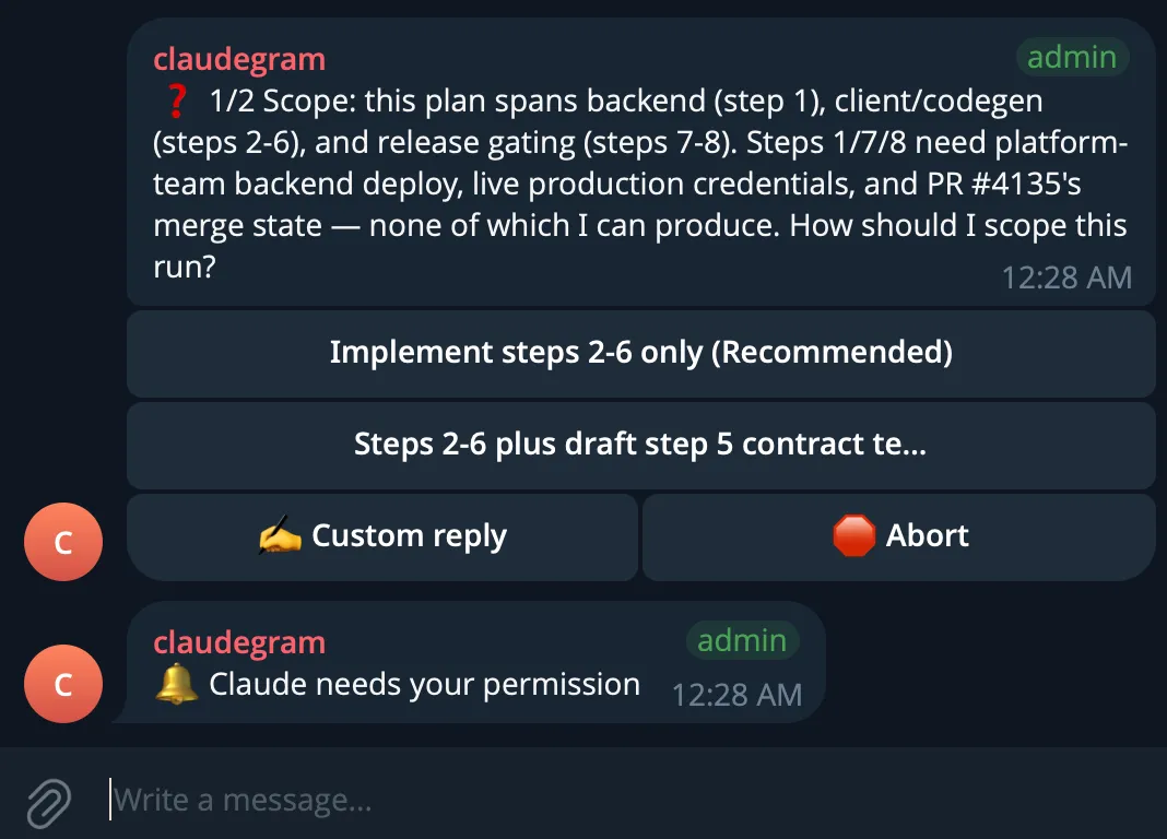 A Telegram thread where the claudegram bot relays a Claude Code permission request, with inline buttons to pick a plan scope, reply, or abort the run.