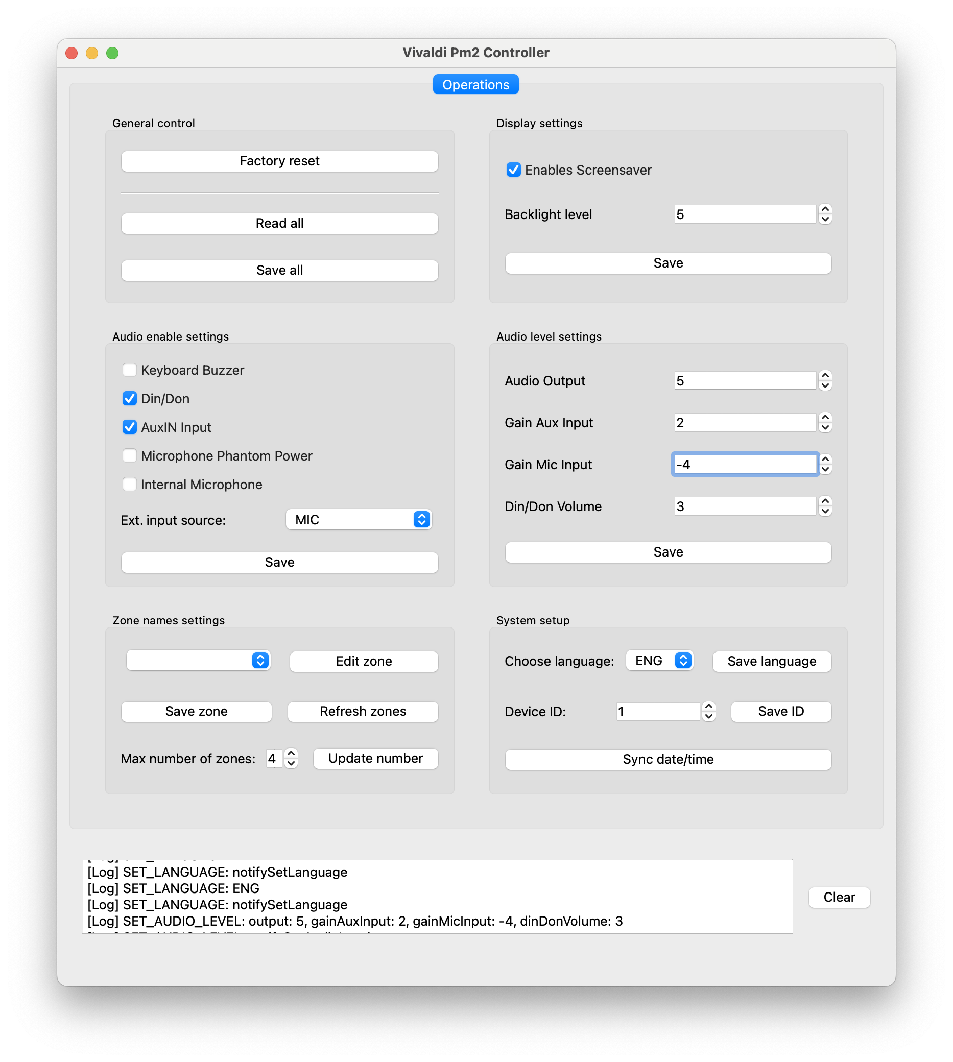 PM2 controller operations tab after connecting to a PM2 device or compatible emulator