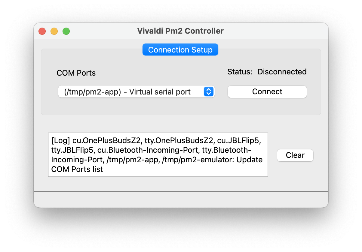 Connection Setup tab with the PM2 emulator's virtual serial port selected